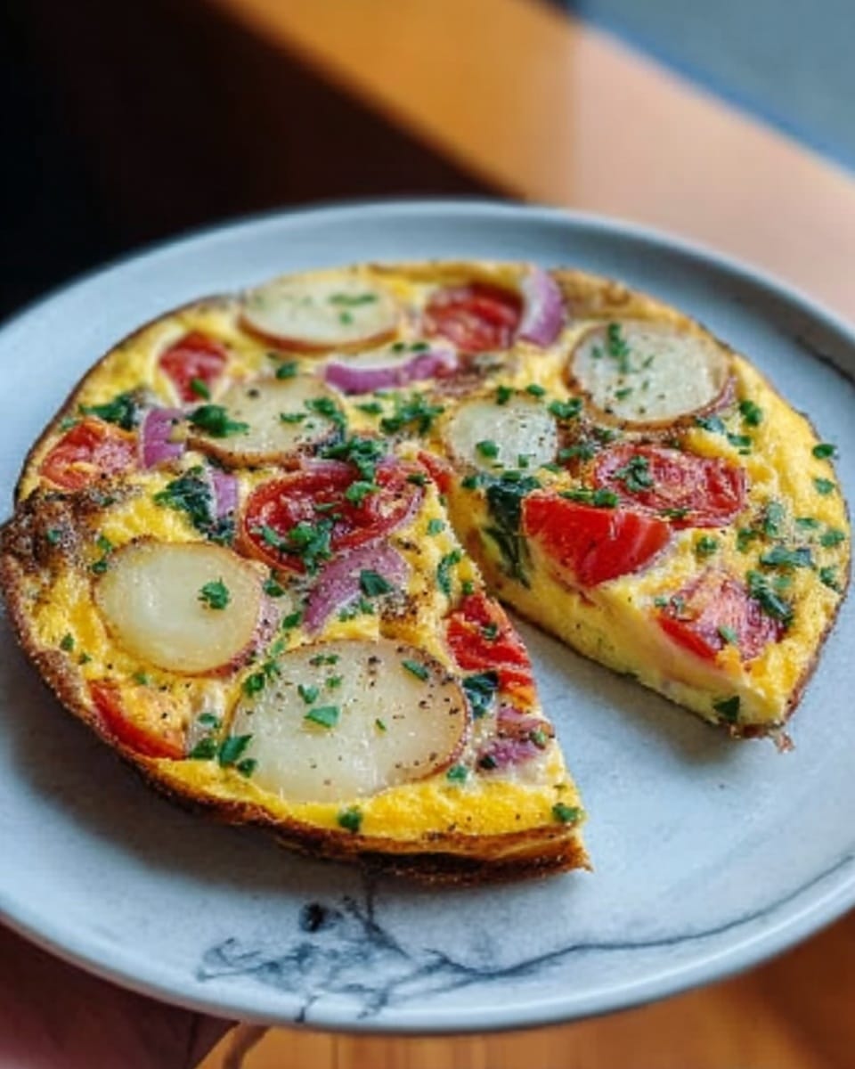 A round omelette on a white plate with a smooth, dark surface showing a white marbled texture underneath. The omelette has a light yellow base with visible textures of cooked egg. On top, there are slices of creamy white potato, pieces of red onion, small bright red tomato slices, and bits of green herbs scattered evenly across. The edges of the omelette are slightly browned, adding a golden color contrast. A slice has been cut out, revealing the soft inside layers. The scene includes a woman's hand holding the plate, with a wooden table surface blurred in the background. Photo taken with an iphone --ar 4:5 --v 7