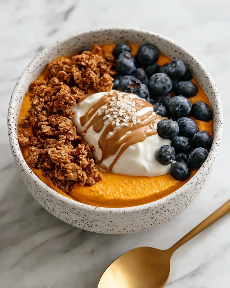 The image shows a white speckled bowl filled with a bright orange creamy base layer, topped with a ring of dark brown granola on the left side, fresh plump dark blue blueberries on the right side, and in the center a dollop of smooth white cream drizzled with light brown nut butter and sprinkled with small white seeds. The bowl is set on a white marbled surface, with a shiny golden spoon placed near the bowl’s edge in the foreground. Photo taken with an iphone --ar 4:5 --v 7