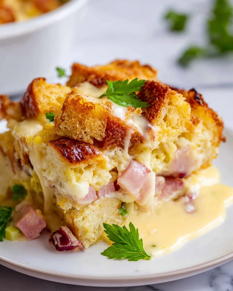 The image shows a close-up of a layered baked dish served on a white plate set on a white marbled surface. The dish has three visible layers: the top layer with golden-brown toasted bread cubes that look crunchy and textured, the middle layer is creamy and yellow with a smooth, cheesy sauce that drips slightly, and the bottom layer shows a pale, soft bread soaked in the sauce. Scattered on the dish are small pieces of cooked ham with a pinkish color and slightly browned edges, along with fresh green parsley leaves for garnish. Photo taken with an iphone --ar 4:5 --v 7