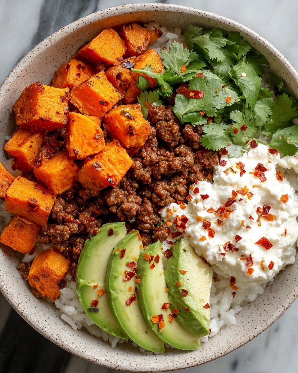 A bowl filled with a base layer of white rice is topped with four distinct sections: bright orange roasted sweet potato cubes with a slightly crispy texture on the left, seasoned ground beef in the center with a crumbly and moist look, creamy white cottage cheese sprinkled with red chili flakes and fresh green cilantro on the top right, and sliced creamy green avocado sprinkled with red chili flakes at the bottom right. The bowl itself is light speckled beige and set on a white marbled surface. photo taken with an iphone --ar 4:5 --v 7