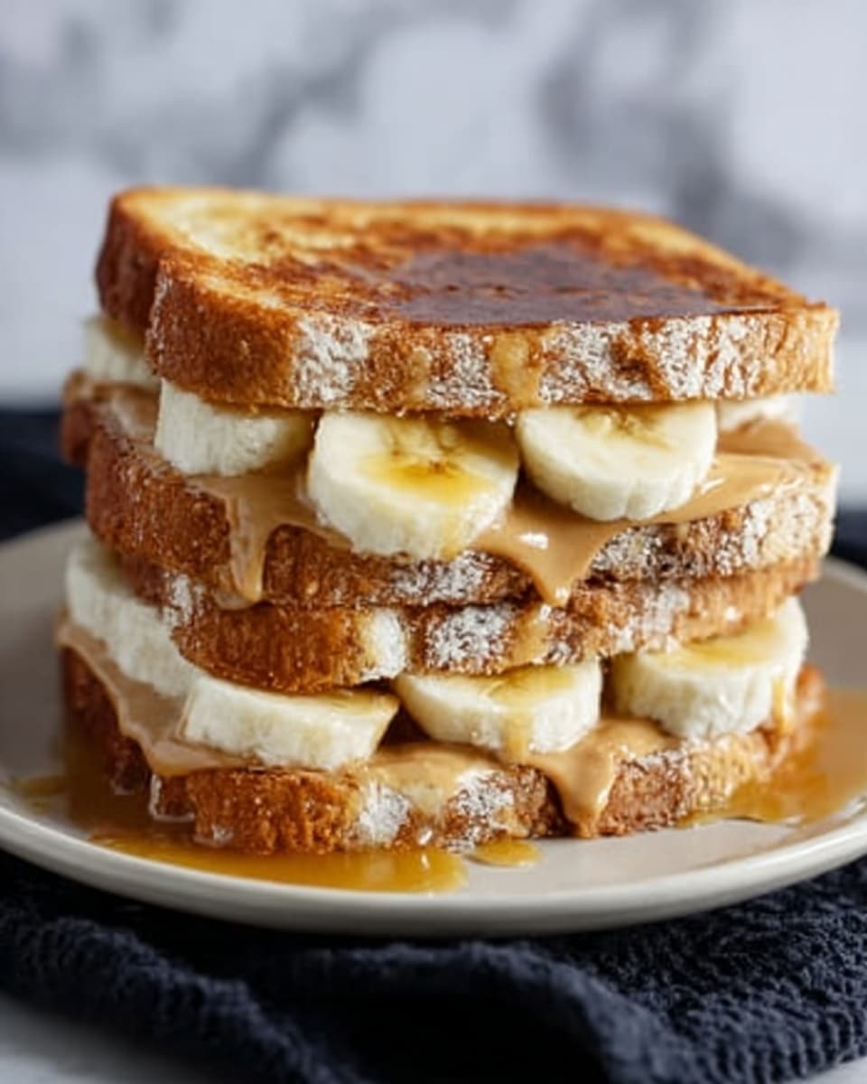 The image shows a close-up of a sandwich cut in half, stacked with three layers of toasted bread that are golden brown and slightly crispy on the outside. Between each layer of bread, there are thick slices of fresh banana, creamy peanut butter spread smoothly, and a drizzle of sticky honey that adds a shiny texture. The sandwich is placed on a white plate with a dark cloth underneath, all set against a white marbled surface background. photo taken with an iphone --ar 4:5 --v 7