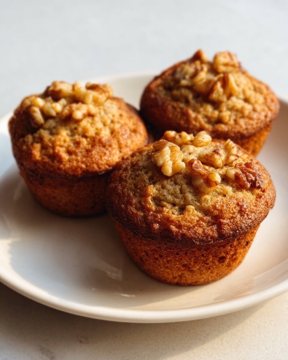 Three golden brown muffins with a slightly rough and crumbly top, each topped with chunky walnut pieces, are placed closely together on a simple white plate. The muffins have a moist, soft texture visible from the sides and a warmly baked, textured surface on top. The plate sits on a white marbled surface that gently reflects soft natural light, giving the muffins a warm and inviting look. photo taken with an iphone --ar 4:5 --v 7
