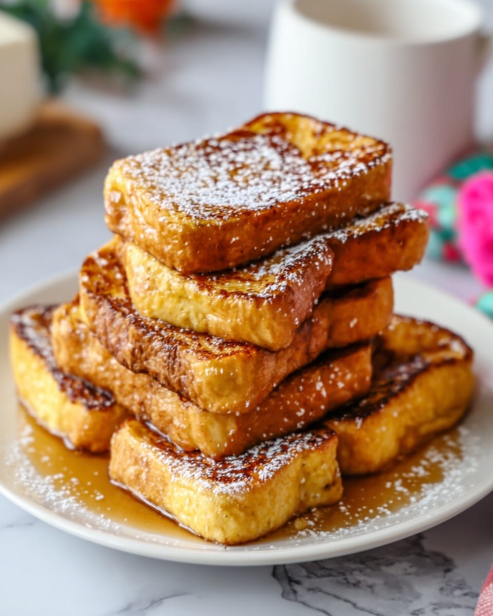 A stack of nine French toast pieces arranged on a white plate, each piece golden brown with a slightly crispy texture and a light dusting of powdered sugar on top; the toast layers vary slightly in size and thickness, with some pieces positioned flat and others leaning against each other, showing a soft, fluffy interior. The plate is set on a white marbled textured surface, with a blurred background hinting at a white cup and other breakfast items. Photo taken with an iphone --ar 4:5 --v 7