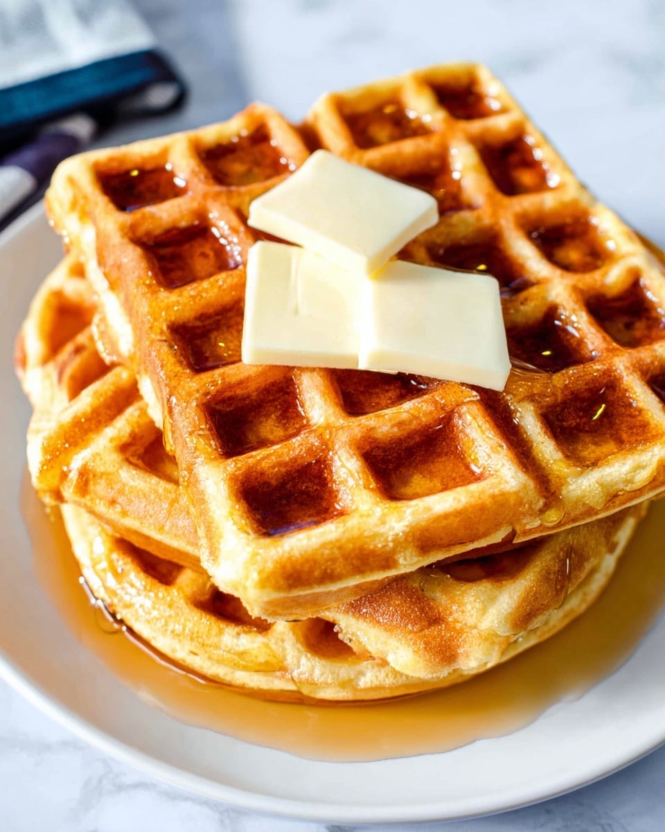 A stack of three round waffles sits on a white plate placed on a white marbled surface. The waffles are golden brown with a crisp texture, each divided into four quarters by deep grooves. On top of the upper waffle, two small cubes of melting butter are placed at the center, with amber syrup dripping and pooling in the waffle pockets and flowing down the sides. In the background, a white and blue kitchen appliance is partially visible. photo taken with an iphone --ar 4:5 --v 7