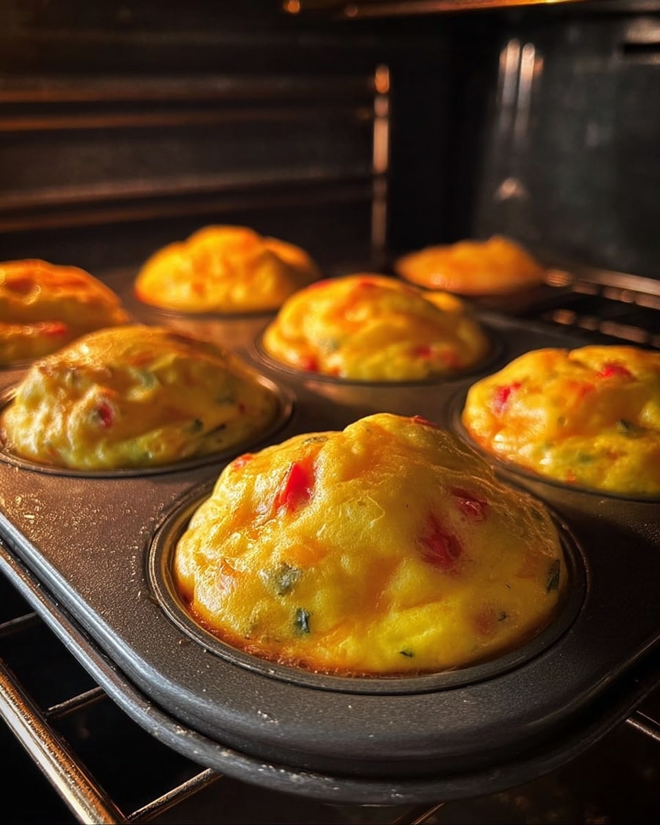 The image shows six egg muffins baking inside a black metal muffin tray placed on oven racks. Each muffin is puffy and golden yellow on top with small pieces of red and green vegetables visible within. The muffins have a smooth, slightly shiny texture and a rounded dome shape that rises above the edge of each muffin cup. The oven interior has a dark, textured surface with a circular patterned fan at the back. The focus is on the closest muffin in the front right with the other muffins blurred in the background. photo taken with an iphone --ar 4:5 --v 7