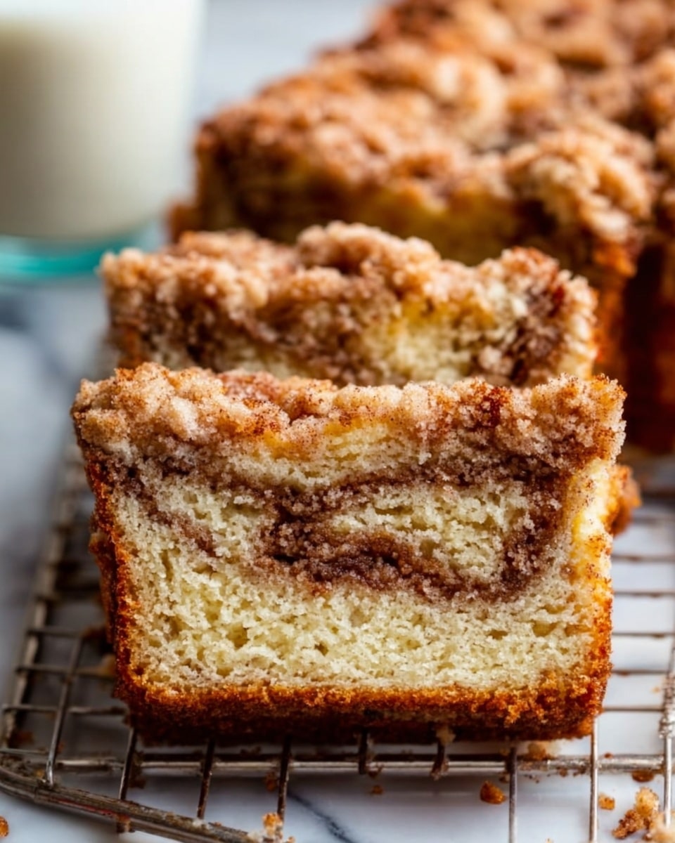 A loaf of banana bread sits on a white wire rack over a white marbled surface, with two slices cut from the front showing a soft, moist interior speckled with bits of banana and walnuts. The top layer of the bread is golden brown and slightly crumbly, with a rough texture and sprinkled with small sugar crystals. The bread’s body is a light beige color with swirls of darker brown from cinnamon or spices, and crunchy walnut pieces are visible throughout. In the background, a glass of milk is blurred but adds a cozy touch to the scene. photo taken with an iphone --ar 4:5 --v 7