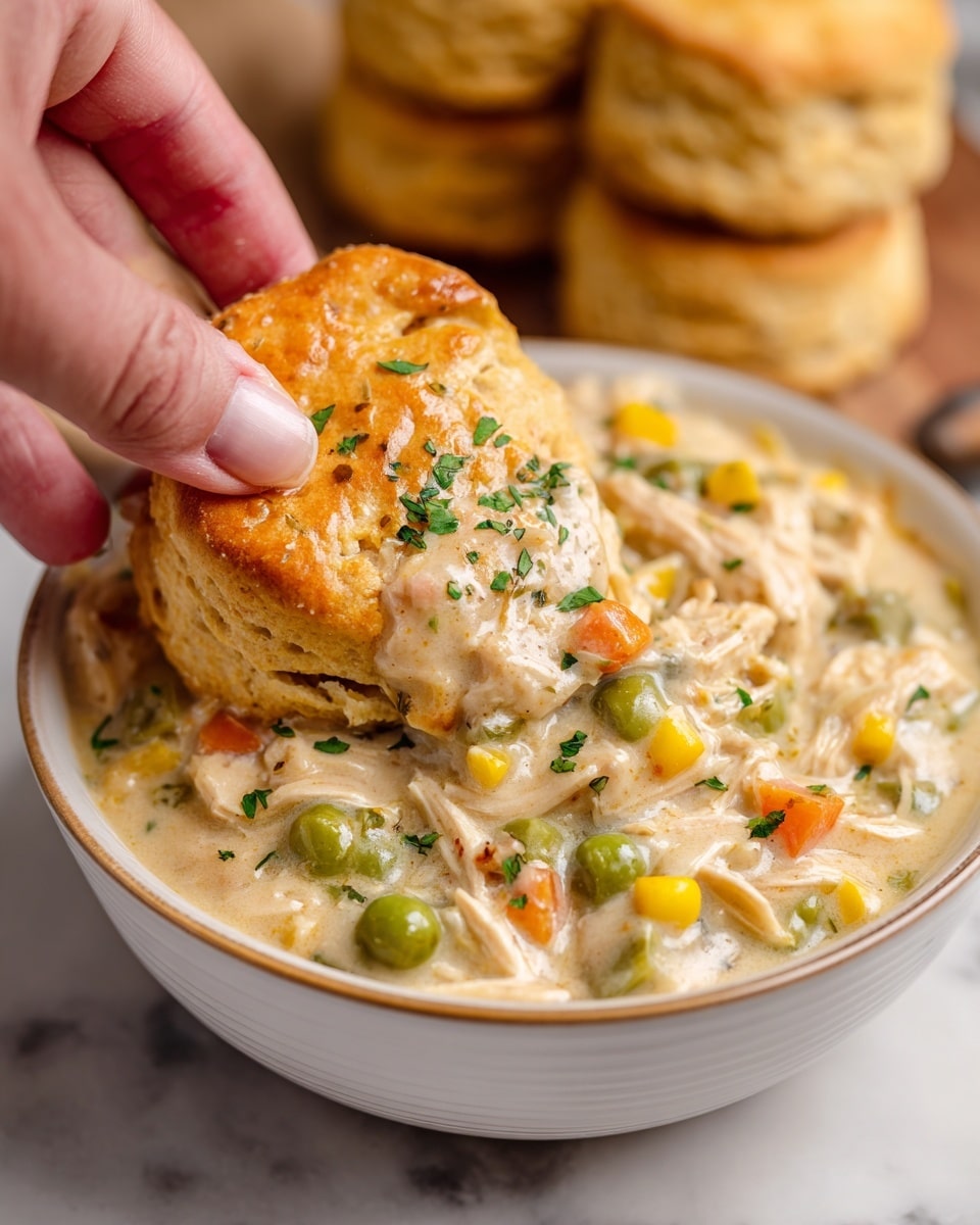 A woman's hand holds a golden brown biscuit above a white bowl filled with thick chicken and vegetable stew. The stew has a creamy white base mixed with visible chunks of yellow corn, green peas, orange carrots, and shredded pale chicken, creating a colorful and textured layer just below the biscuit. The biscuit's top is spread with a thick layer of creamy stew sprinkled with small green herb bits, adding a fresh contrast to the warm, golden biscuit. In the soft-focused background, more golden biscuits rest on a white marbled surface. photo taken with an iphone --ar 4:5 --v 7