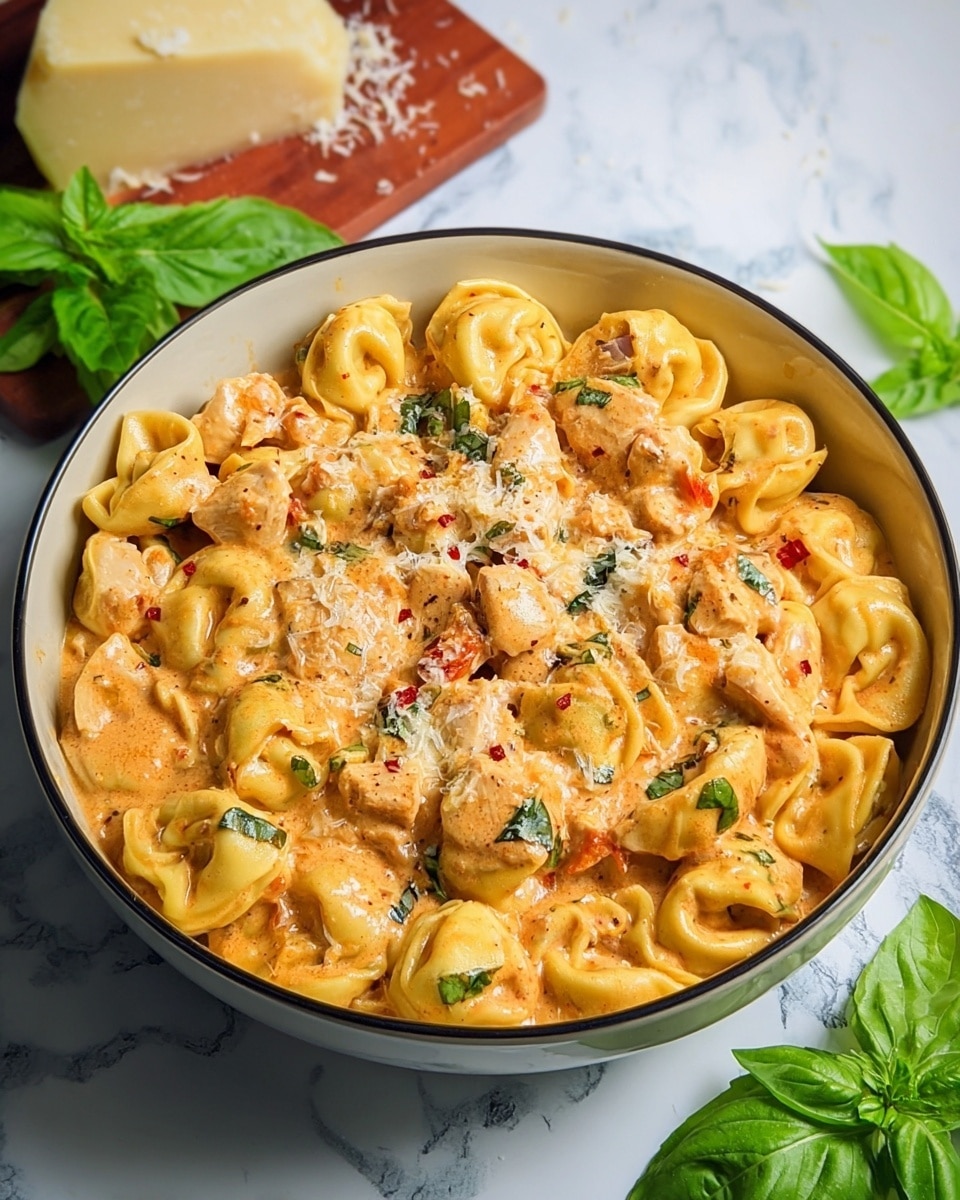 A bowl filled with three layers of creamy tortellini pasta mixed with small chunks of chicken and bits of green basil scattered throughout. The tortellini are a pale yellow color and have a smooth texture, coated in a light orange creamy sauce with visible red specks. The top layer is dusted with grated cheese, adding a powdery white texture. The bowl is white, and it is placed on a white marbled surface with pieces of basil leaves and chunks of hard cheese around it. Photo taken with an iphone --ar 4:5 --v 7