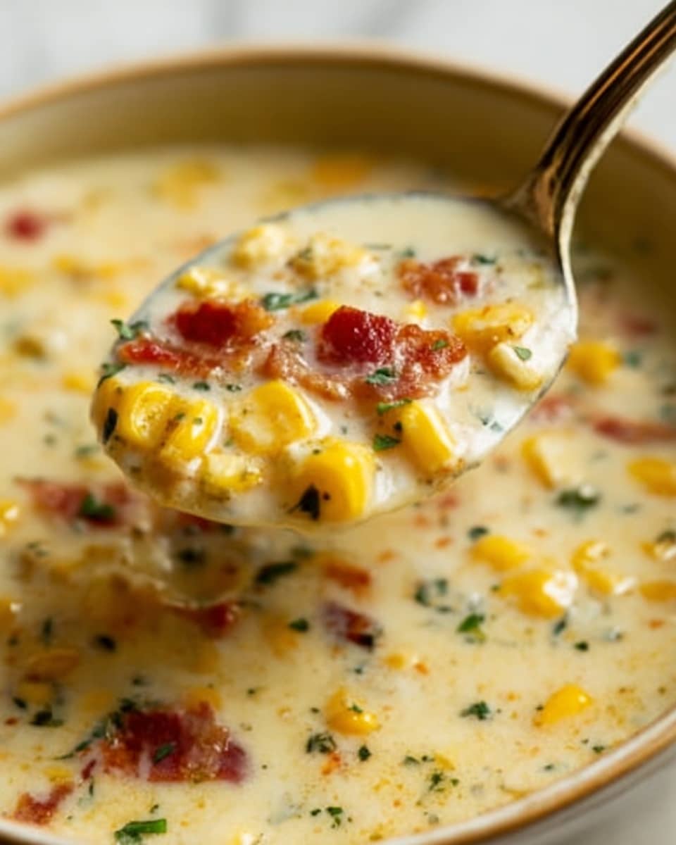 A close-up shows a spoon filled with creamy soup made of yellow corn pieces, small bits of cooked red bacon, and green herbs mixed in thick, white cream. The soup has a rich, smooth texture with visible layers of corn and bacon floating evenly in the creamy base, and tiny chopped herbs sprinkled on top. The background is a white marbled texture. Photo taken with an iphone --ar 4:5 --v 7