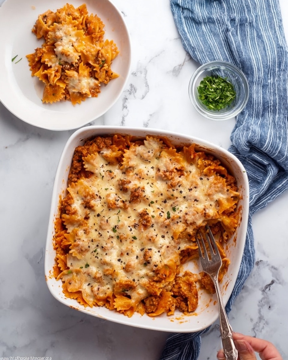 The image shows a white square baking dish filled with a layered baked pasta dish. The top layer is a bubbly, melted light golden cheese with some darker spots sprinkled with black pepper. Beneath the cheese, you can see orange and red pasta shapes, bow-tie pasta coated in tomato sauce mixed with browned meat, forming at least two visible layers. Beside the baking dish on a white marbled surface, a white plate holds a serving of the same pasta with a fork resting inside, and a small glass bowl with green herbs is visible near the top. A blue and white striped cloth napkin is on the right side. A woman's hand is holding the fork on the plate off to the side. Photo taken with an iphone --ar 4:5 --v 7