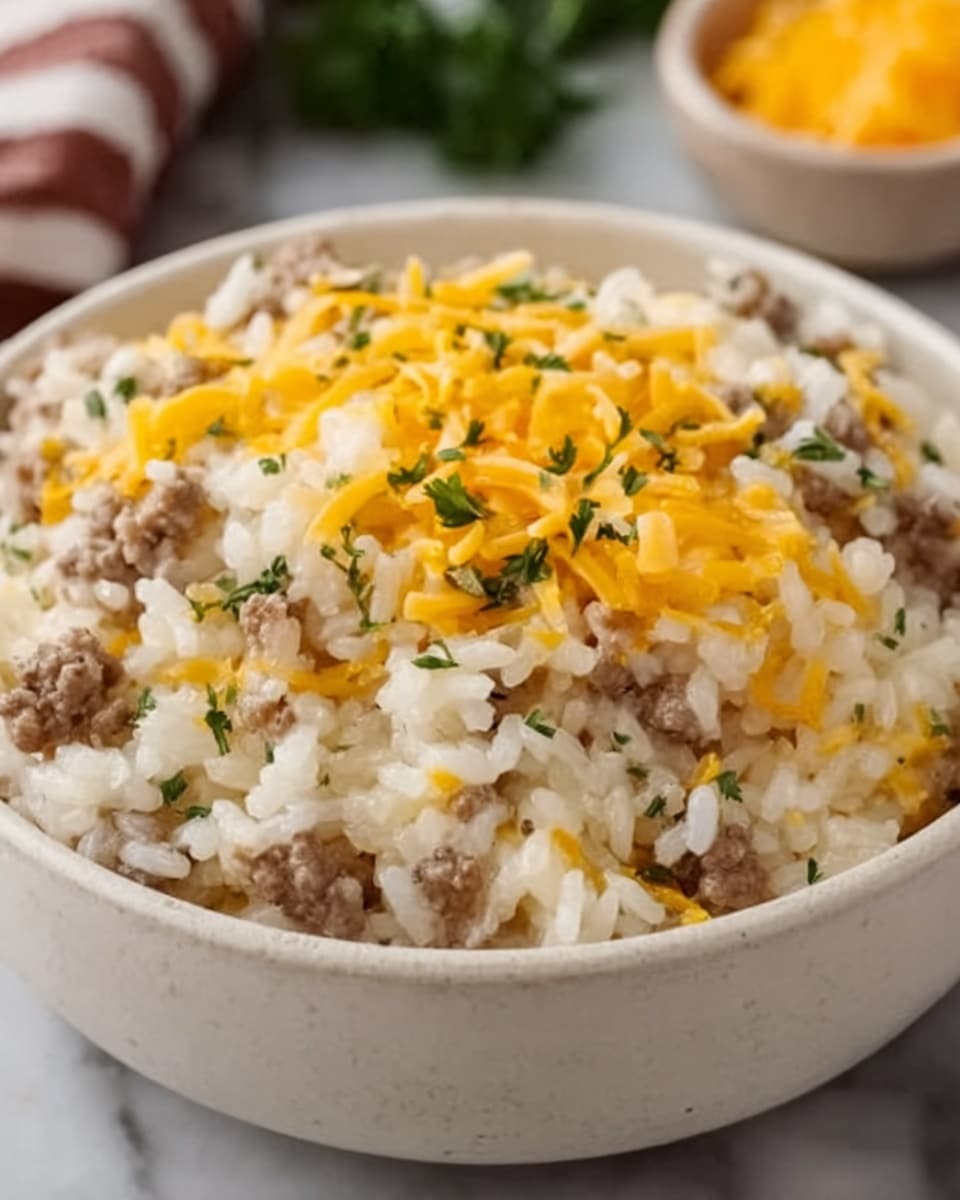 A close-up image shows a bowl filled with a creamy rice dish layered with cooked ground meat mixed evenly throughout. The rice is soft with a pale, slightly shiny texture, topped with a generous sprinkle of shredded yellow cheese and small pieces of green herbs. The bowl is white, set on a white marbled surface, and the dish looks warm and comforting. Photo taken with an iphone --ar 4:5 --v 7