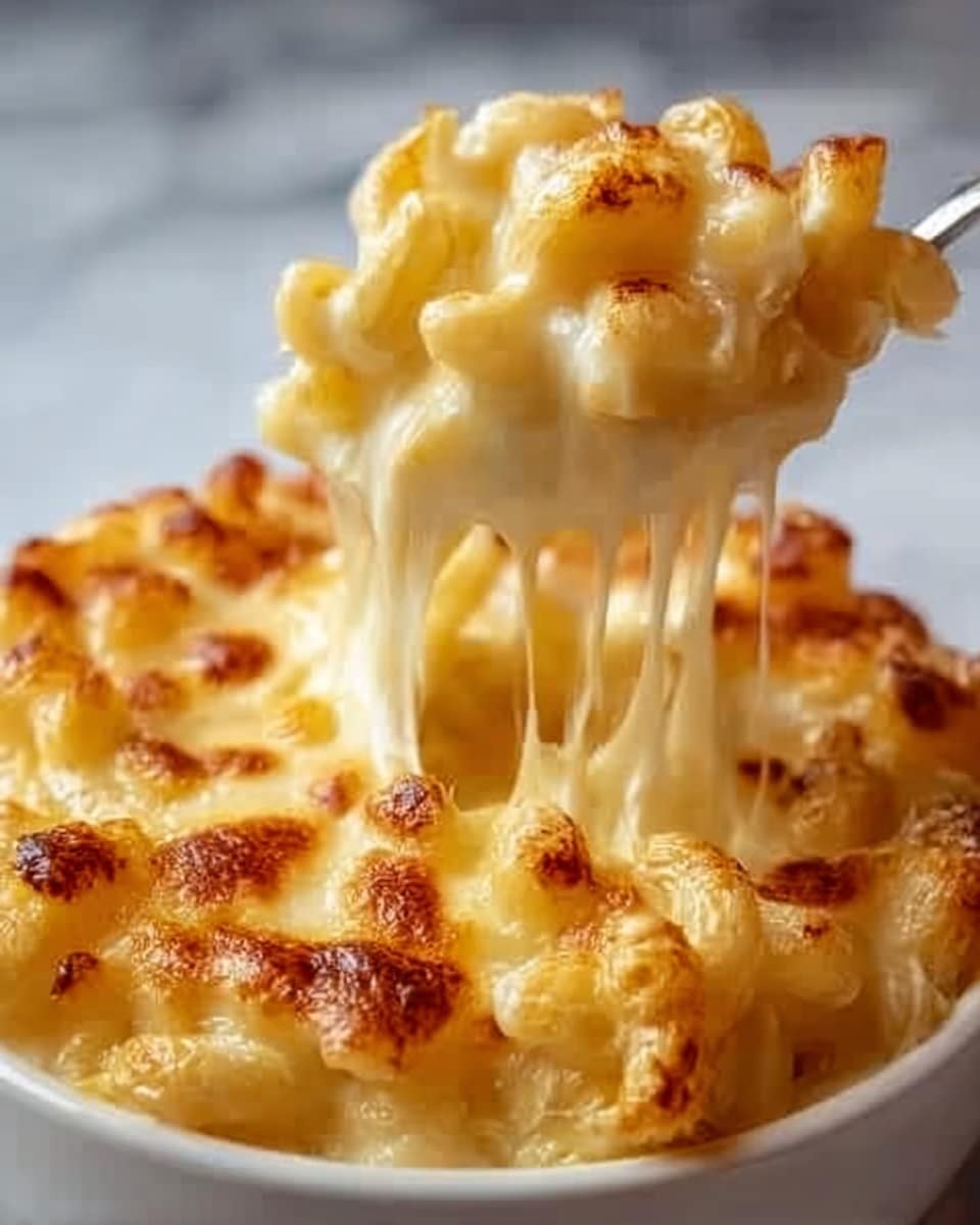 The image shows a close-up of creamy macaroni and cheese in a white bowl on a white marbled surface. The top layer is golden brown with melted cheese bubbles and hints of light browning, giving a crispy texture. Below that, there are several layers of soft, yellow macaroni noodles covered in rich, gooey melted cheese that stretches as a woman's hand lifts a spoonful. The cheese looks smooth and thick, coating the noodles evenly. Photo taken with an iphone --ar 4:5 --v 7
