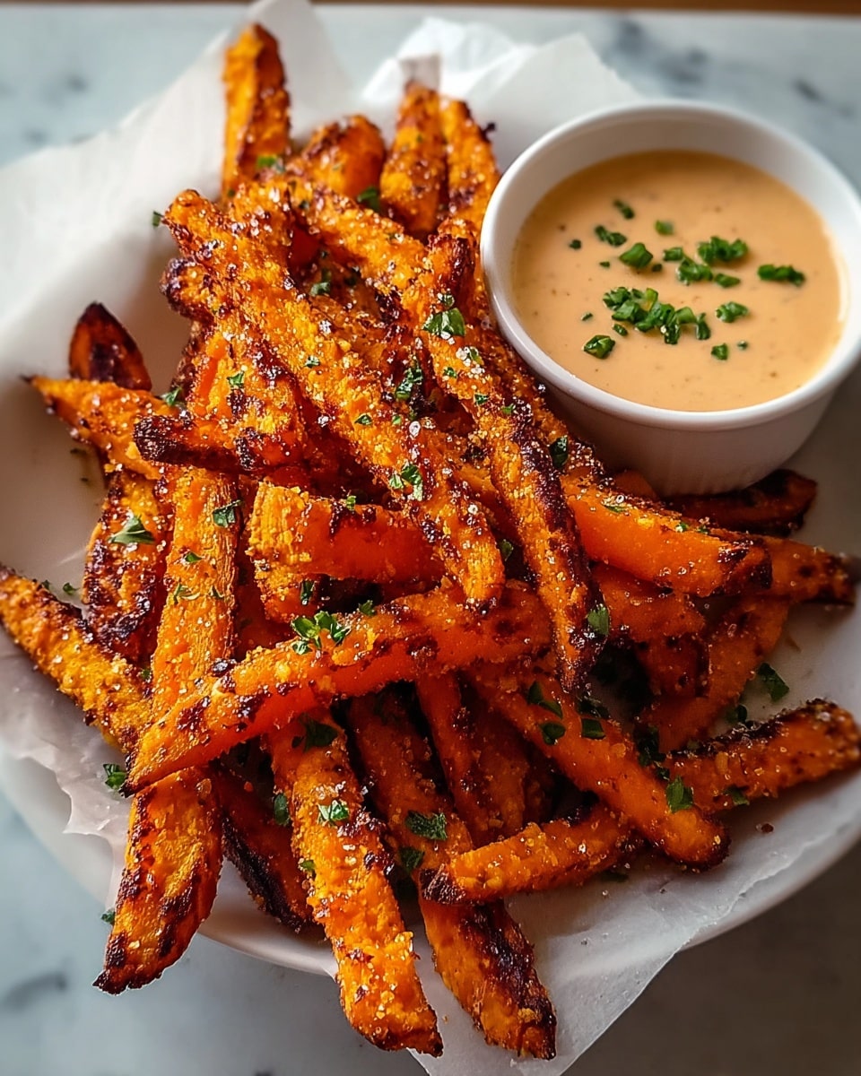 A white plate holds a pile of golden-orange sweet potato fries, crispy and speckled with dark char marks and small green herb bits, likely parsley. The fries have a rough texture with some blistered edges and are lightly sprinkled with coarse salt. Behind the pile, a small white bowl contains a creamy, light beige dipping sauce topped with small green herb pieces. The plate is lined with white parchment paper, and the whole setup sits on a white marbled surface. Photo taken with an iphone --ar 4:5 --v 7