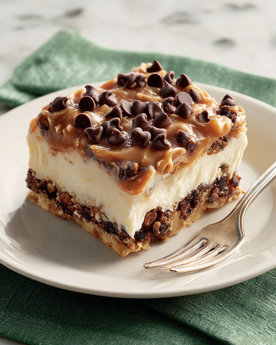 A square slice of dessert with four visible layers sits on a white plate with a green cloth underneath. The bottom layer is a crunchy nut and chocolate mix, dark brown with bits of lighter nuts. Above this is a thick creamy white layer of smooth cheesecake. The third layer is a gooey caramel topping with a mix of chopped nuts and what looks like small chocolate pieces. The topmost layer has whole small chocolate chips scattered over the caramel, giving a rich dark brown color contrast against the light caramel. A silver fork leans against the dessert on the plate, and the plate rests on a white marbled surface. photo taken with an iphone --ar 4:5 --v 7