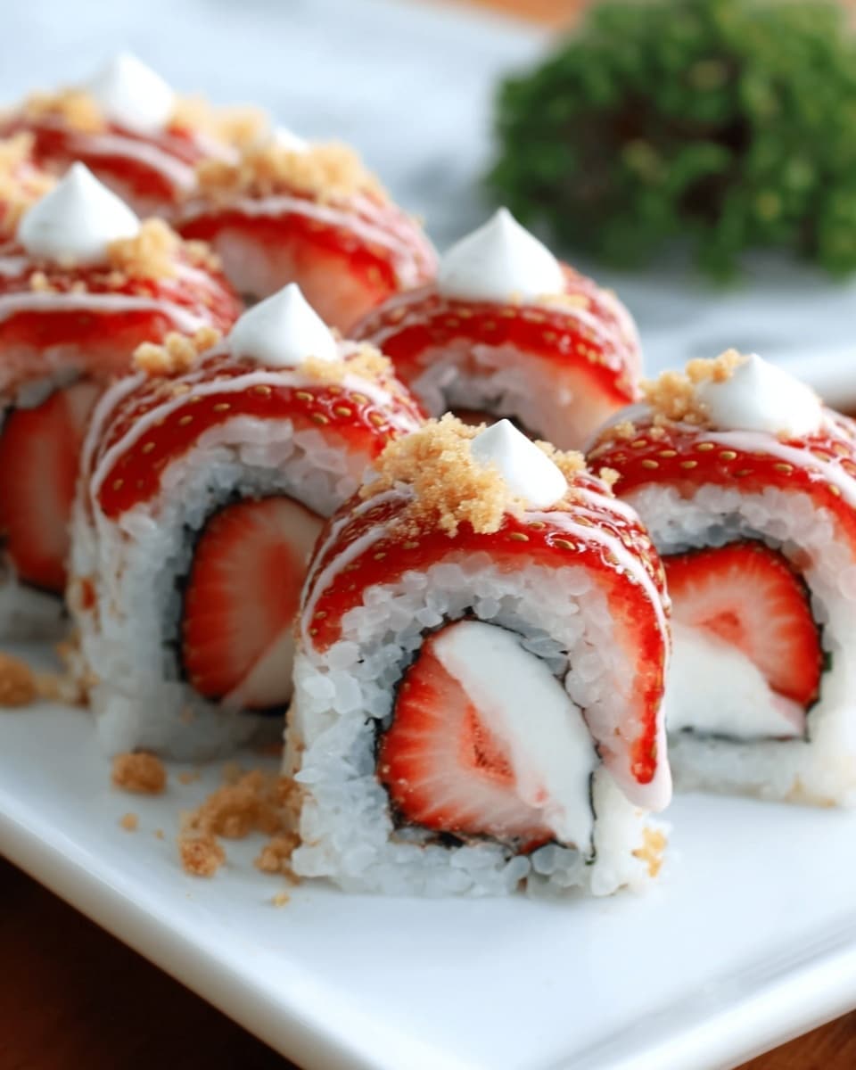 The image shows a white plate with six sushi rolls arranged in two rows. Each roll has a center of white rice wrapped around a layer of seaweed, with a bright red strawberry piece inside. The outside layer is topped with red strawberry slices, small white cream dots, and light brown crunchy crumbs. There is a light drizzle of dark red sauce around the rolls on the plate. The background is a white marbled surface. Photo taken with an iphone --ar 4:5 --v 7