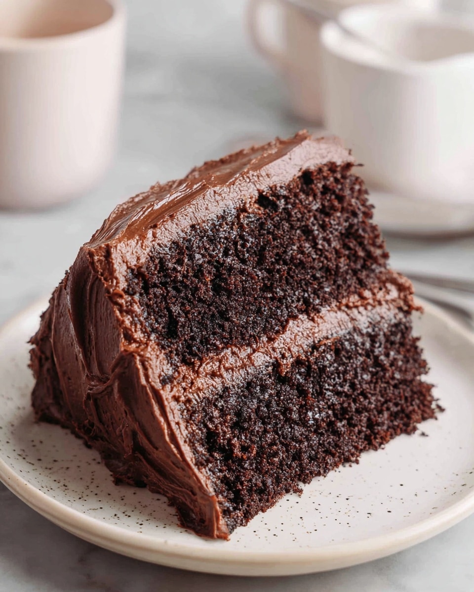 A slice of two-layer dark chocolate cake sits on a white plate with small black speckles. The cake layers are thick and moist with a rich dark brown color, while a smooth, thick layer of glossy chocolate frosting covers the middle and top edges. The frosting is slightly uneven, giving it a homemade look. The background features a soft white marbled texture, and there are out-of-focus white cups in the back. Photo taken with an iphone --ar 4:5 --v 7