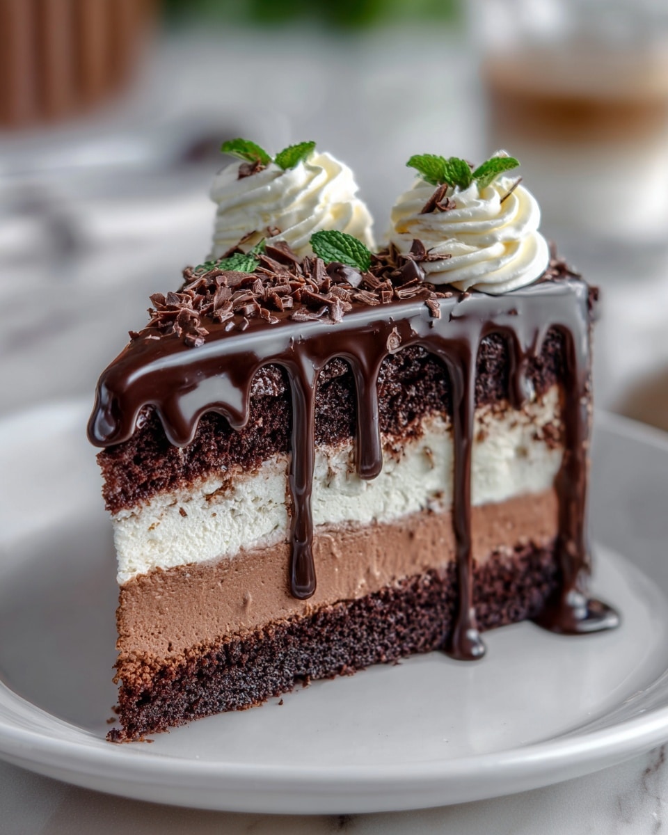 A slice of rich chocolate cake is shown on a white plate with a white marbled texture underneath. The cake has four visible layers starting with a dark chocolate sponge base, followed by a thick, creamy milk chocolate mousse layer, then a layer of white cream, and topped with another dark chocolate sponge. The top is covered with glossy, dark chocolate ganache that drips down the sides in thick, smooth streams. On top, there are three swirls of white whipped cream, each garnished with small chocolate shavings and a small green mint leaf. The cake looks moist and smooth with a mix of dark browns, white, and cream colors. Photo taken with an iphone --ar 4:5 --v 7