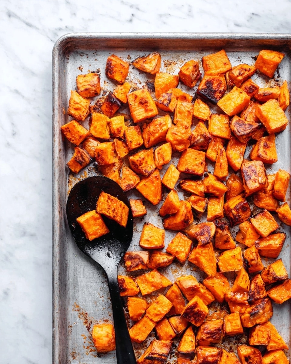 The image shows a white baking tray filled with small, evenly cut cubes of roasted sweet potato. The sweet potato pieces are bright orange with a slightly charred, crispy texture on the edges, creating a contrast of soft and crunchy layers. There is a black spoon resting diagonally in the bottom left corner of the tray, partially covered by the sweet potatoes. The baking tray is placed on a white marbled surface, giving a clean and simple background. Photo taken with an iphone --ar 4:5 --v 7