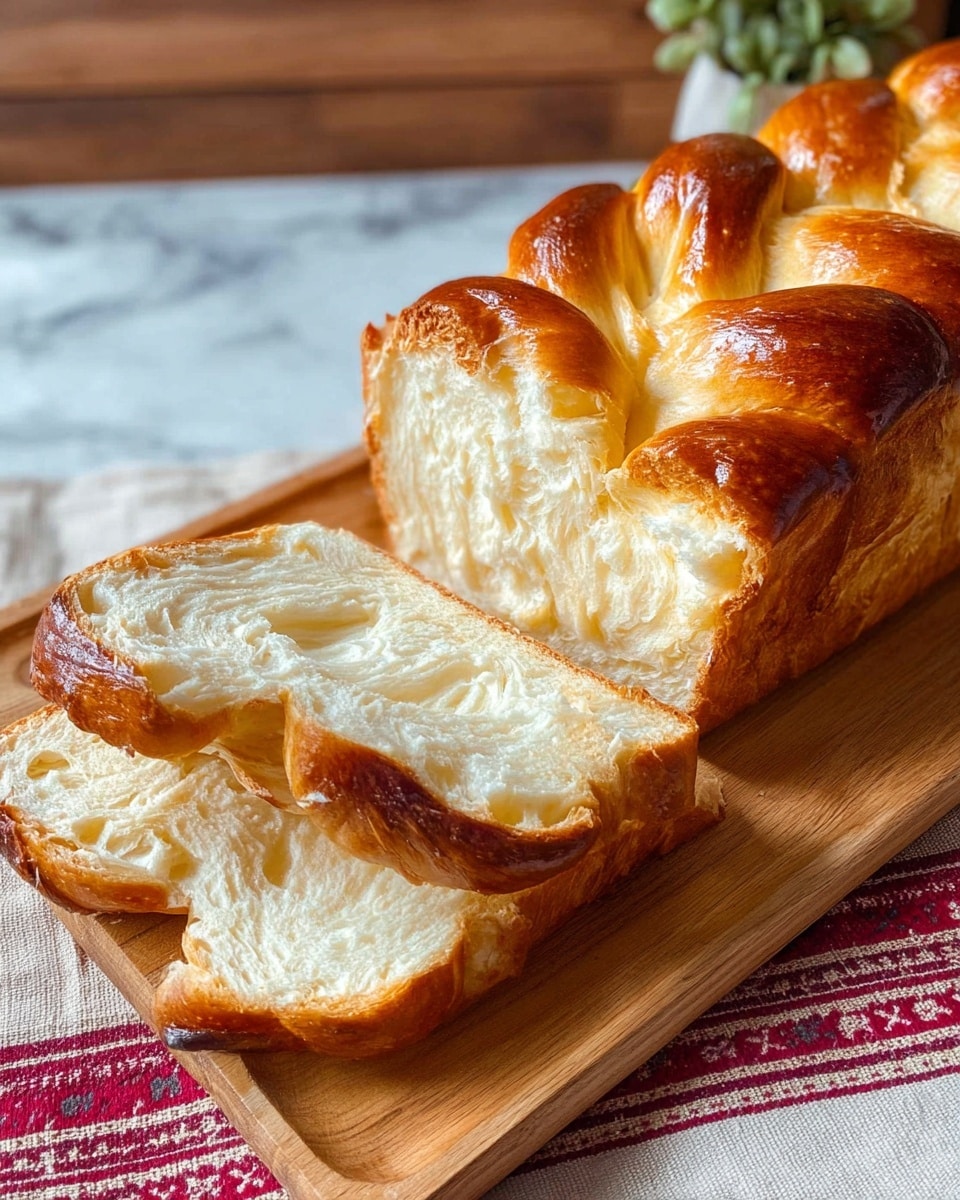 This image shows a loaf of braided bread with a shiny golden-brown crust. The bread is sliced to reveal a soft, white, and fluffy inside with a smooth texture. The loaf has several thick layers visible on the top, with some areas slightly darker due to baking. The bread sits on a wooden board, placed on a white cloth with red patterns, against a white marbled surface. In the background, there is a wicker basket with a round bread and part of a green plant visible. photo taken with an iphone --ar 4:5 --v 7