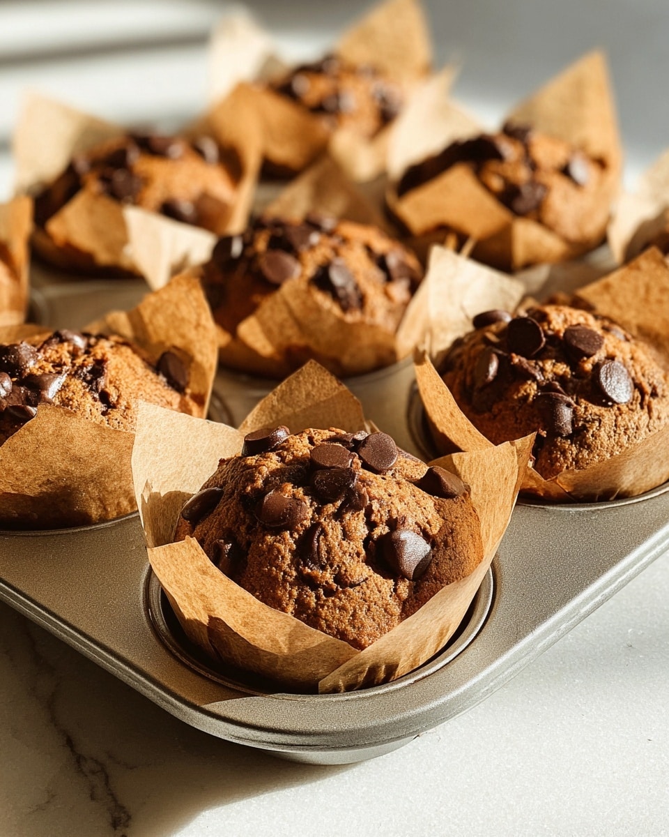 A close-up shot shows a metal muffin tray filled with freshly baked chocolate chip muffins, each resting in crumpled light brown parchment paper liners that rise just above the muffin tops. The muffins have a golden brown color with a rough, cracked texture on top, studded with large, smooth, dark chocolate chips scattered unevenly across their surfaces. The tray sits on a white marbled texture, catching warm, natural light that casts soft shadows and highlights the rich color and texture of the muffins. photo taken with an iphone --ar 4:5 --v 7