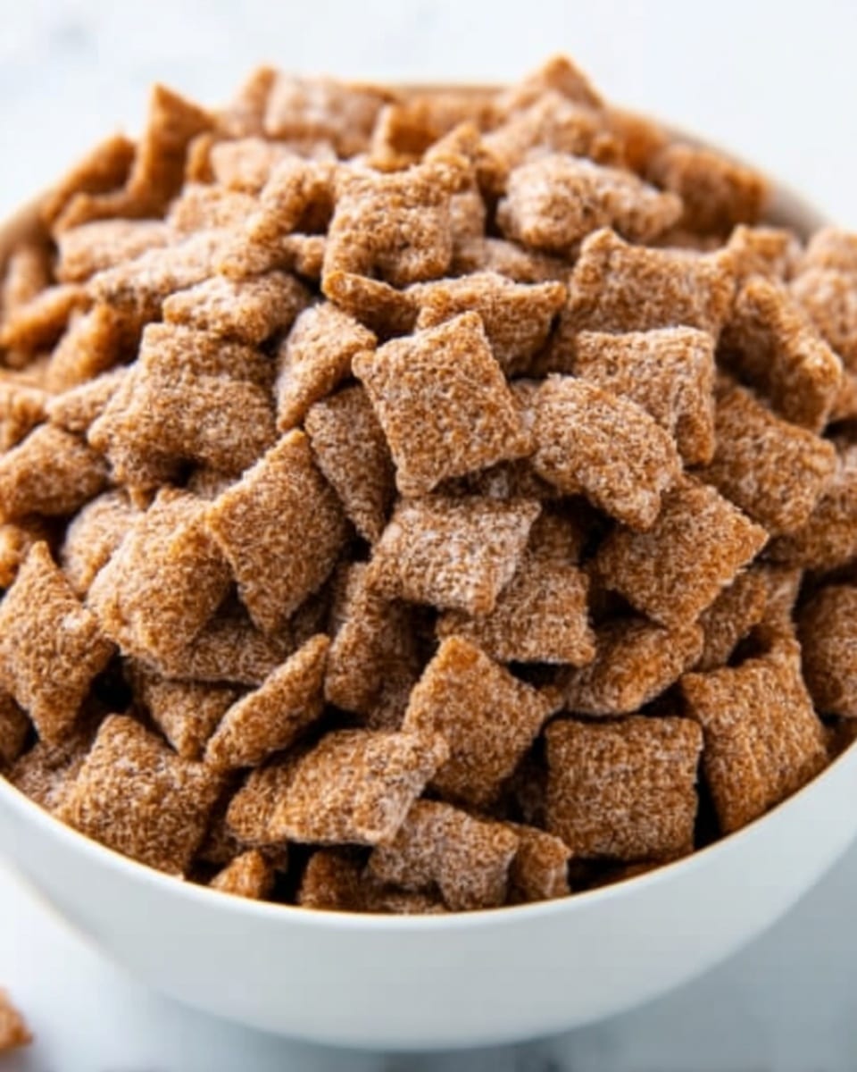 A close-up image shows a white bowl filled with many small, square-shaped cereal pieces coated with a light brown powder, giving them a rough texture. The cereal pieces are piled high, filling the bowl nearly to the top. The background features a white marbled surface, adding a clean and simple contrast to the warm colors of the cereal. Photo taken with an iphone --ar 4:5 --v 7
