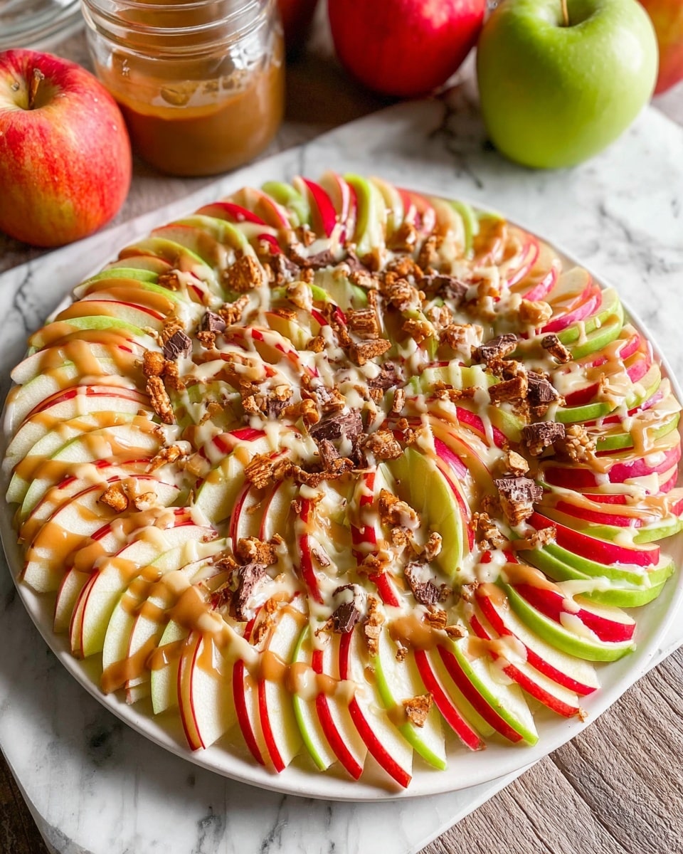 A round white plate is filled with thin apple slices arranged in alternating red and green colors, layered in a circular pattern with about three rings of slices. The apple slices have a fresh, crisp texture with their vibrant red and green skins visible. On top of the apples, there is a drizzle of light brown caramel sauce and pale creamy white sauce spread evenly, creating a glossy effect. The dish is sprinkled with chopped pretzels and small chunks of milk chocolate, adding a mix of rough and crunchy textures over the smooth apple and sauces. The plate is set on a white marbled surface with apples and a jar in the background. Photo taken with an iphone --ar 4:5 --v 7