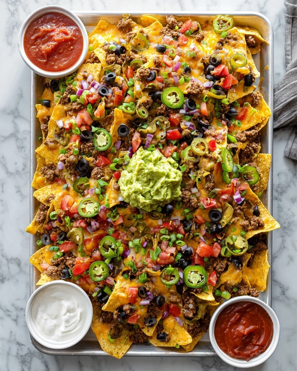 A large white tray is filled with colorful nachos, showing multiple layers of yellow tortilla chips topped with melted cheddar and mozzarella cheese. Scattered on top are ground beef pieces, bright green sliced jalapeños, black olive slices, chopped red onions, diced tomatoes, and green onion rings. In the middle, there is a generous dollop of light green guacamole. Two white bowls containing red salsa and sour cream are placed near the tray on a white marbled surface. photo taken with an iphone --ar 4:5 --v 7