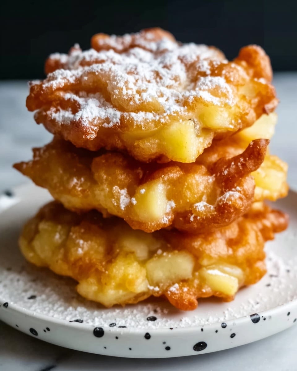 A stack of three golden brown apple fritters sits on a white plate with small white speckles. Each fritter is thick and round with a crunchy textured outside, and visible chunks of cooked apple pieces inside. The fritters are dusted with a light layer of powdered sugar, adding a soft white contrast on top. The plate is set on a white marbled surface. photo taken with an iphone --ar 4:5 --v 7