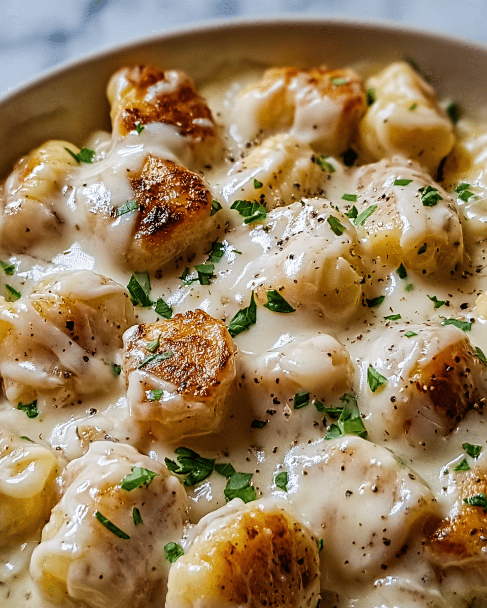 The dish shows a close-up of many small gnocchi pieces covered in a thick white creamy sauce. Each gnocchi has a golden brown sear on top, with a slightly rough texture from the cooking. The creamy sauce looks smooth and glossy, spreading over and between the gnocchi, with small black pepper bits visible. Small pieces of green herbs are sprinkled evenly over the dish, adding color contrast. The background is a white marbled texture. photo taken with an iphone --ar 4:5 --v 7