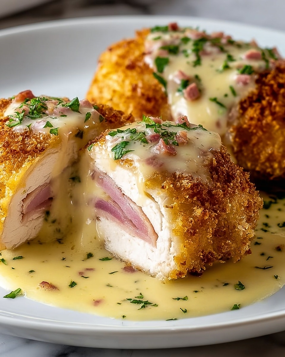 The dish features three pieces of golden-brown breaded chicken, with one cut open to show two inner layers: a white cooked chicken breast layer on the outside and a pink ham layer inside. The chicken is covered in a creamy, light yellow sauce with small green herbs and bits of ham spread on top and around the chicken. The chicken sits on a white plate placed on a white marbled surface, with the sauce pooling at the bottom. The texture of the chicken’s crispy coating contrasts with the smooth sauce and tender meat inside. photo taken with an iphone --ar 4:5 --v 7