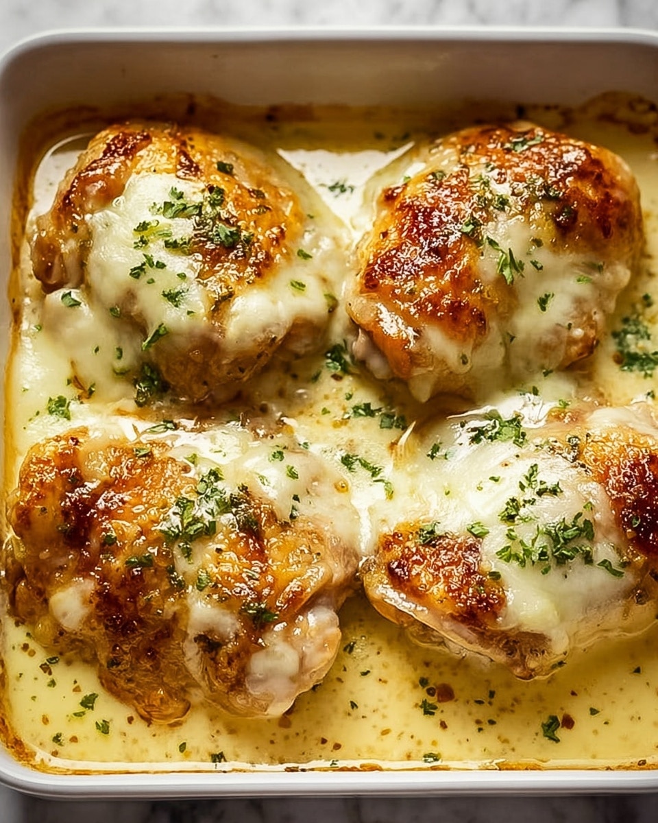 The image shows four pieces of cooked chicken thighs arranged close together in a white rectangular baking dish filled with a creamy light yellow sauce. Each chicken thigh has a golden-brown, crispy skin layer on top with melted, slightly browned white cheese spread unevenly over it, and small green herb flakes sprinkled on the cheese. The creamy sauce covers the bottom of the dish around the chicken, showing a smooth texture with a shining surface. The background is a white marbled surface. photo taken with an iphone --ar 4:5 --v 7