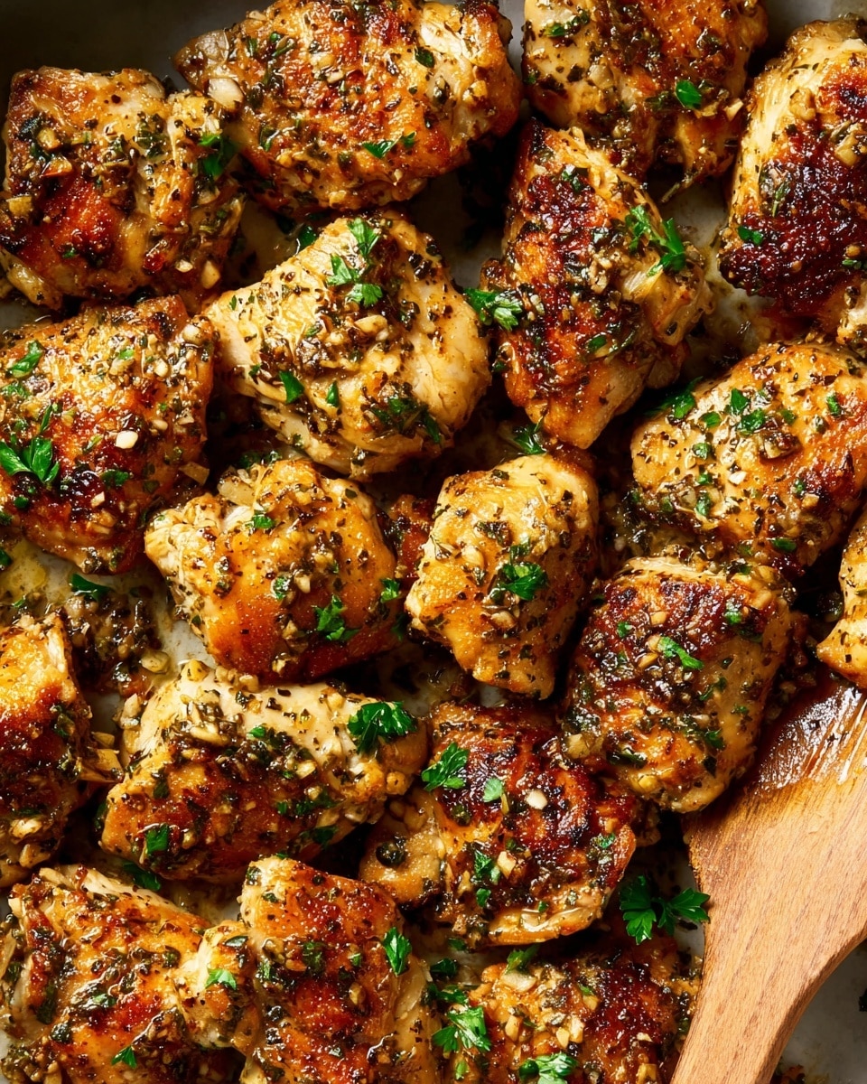 Close-up view of many pieces of golden-brown cooked chicken with a slightly crispy texture, scattered evenly across the frame. Each piece is coated with a mix of small bits of garlic and herbs, sprinkled with fresh green parsley leaves. The chicken pieces vary in size and shape, showing a mix of browned, juicy surfaces with some darker caramelized spots. The background includes part of a light wooden spoon to the right and a faint glimpse of a white marbled surface. photo taken with an iphone --ar 4:5 --v 7