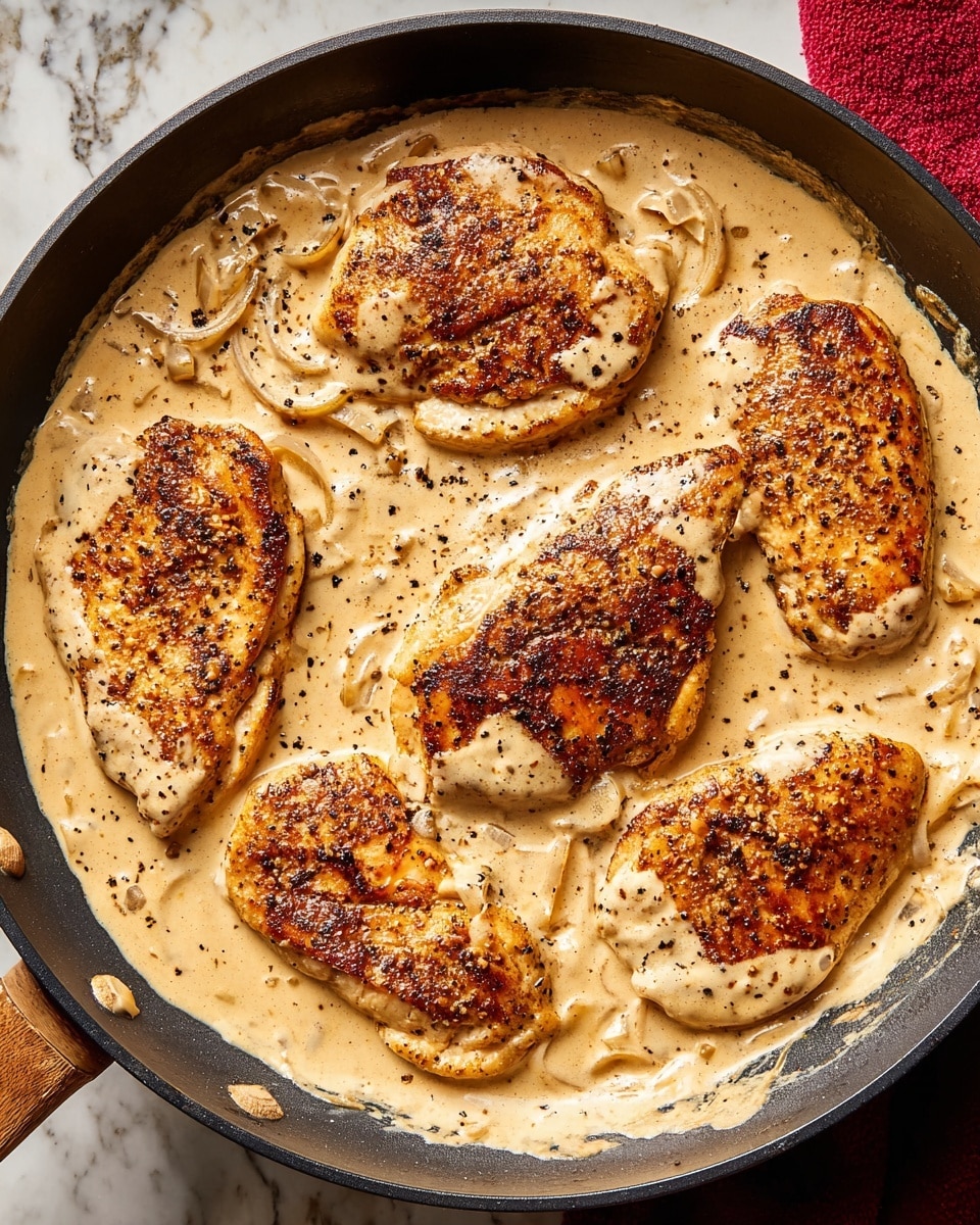 A black pan contains five browned chicken breasts, each with a crispy, golden-brown texture and specks of black pepper. The chicken lies in a thick, creamy beige sauce that has a smooth texture with visible sliced onions mixed throughout. The sauce surrounds each piece, coating the pan's surface with some sauce slightly spilled over the edges. The background features a white marbled texture with a red cloth partially visible on one side. photo taken with an iphone --ar 4:5 --v 7