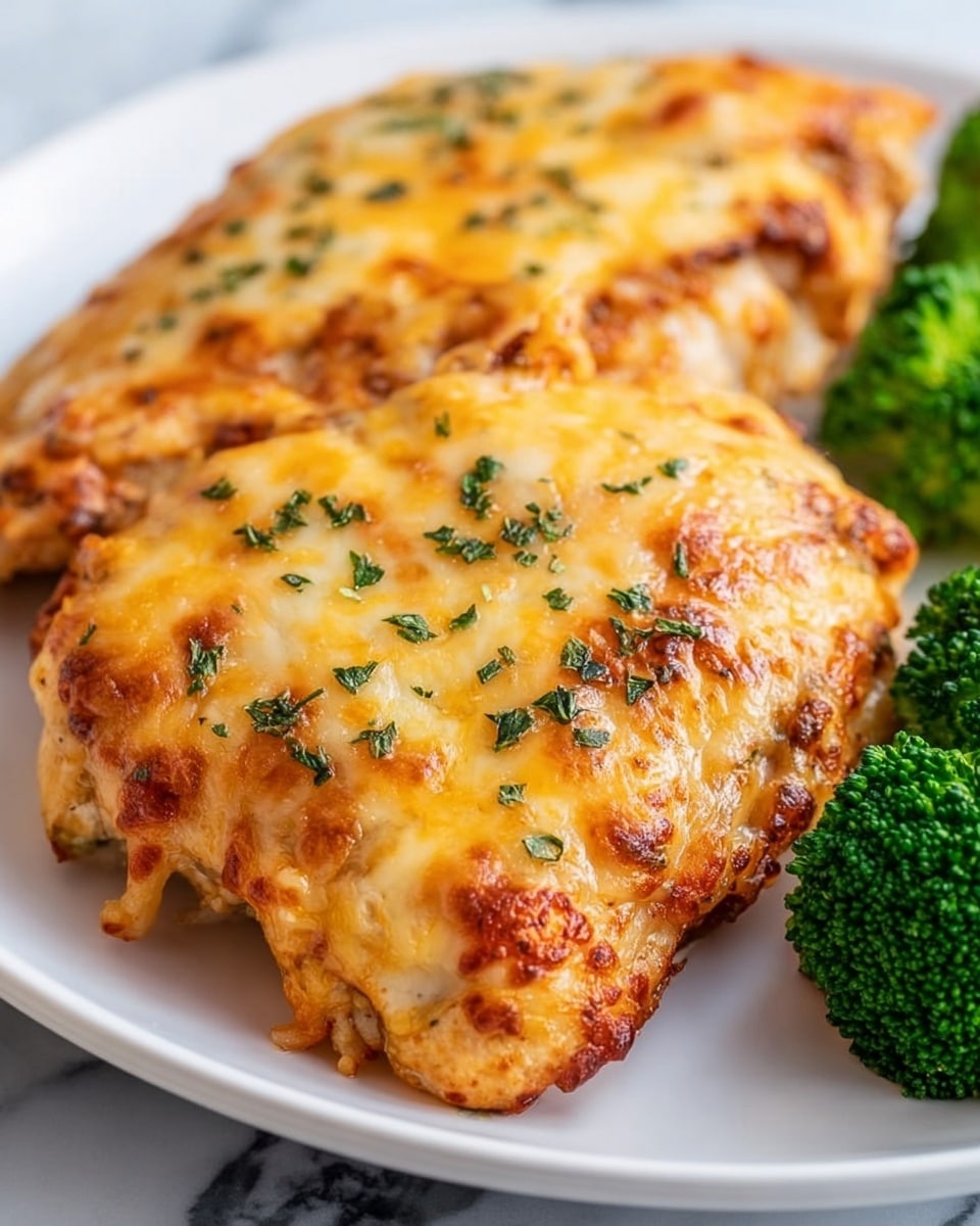 The image shows a close-up of two pieces of golden-brown baked chicken with a thick, bubbly layer of melted cheese on top, sprinkled with small green herb bits. The chicken pieces have a crispy, slightly browned texture on the edges of the cheese layer. To the right side of the plate, there are bright green broccoli florets, adding a fresh contrast to the dish. The food is served on a white plate, all placed against a white marbled surface. Photo taken with an iphone --ar 4:5 --v 7