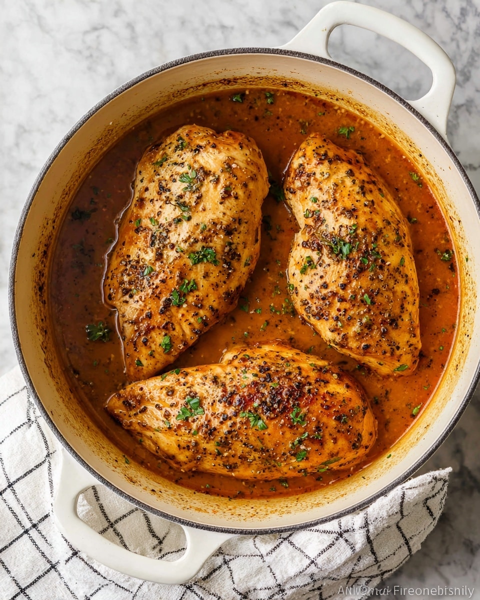 The image shows three cooked chicken breasts in a round white casserole dish filled with a brownish-orange sauce. Each chicken breast is golden brown, speckled with black pepper and herbs, and garnished with small green parsley leaves. The sauce surrounds the chicken, creating a glossy and slightly thick texture inside the dish. The dish sits on a white marbled textured surface with a white and black checkered cloth partially under it. Photo taken with an iphone --ar 4:5 --v 7
