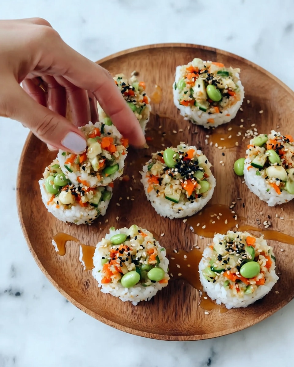 Seven small round rice cups with a rough white texture form the base layer on a round wooden tray. Each cup is filled with vibrant chopped vegetables including bright green edamame, small pieces of orange carrots, and bits of green zucchini, sprinkled with black sesame seeds for a contrasting speckled effect. Light brown sauce is drizzled around the wooden tray, adding a glossy, smooth texture. A woman's hand is gently picking up one of the cups, showing light skin tone and neatly manicured nails. The scene sits on a white marbled texture background. Photo taken with an iphone --ar 4:5 --v 7