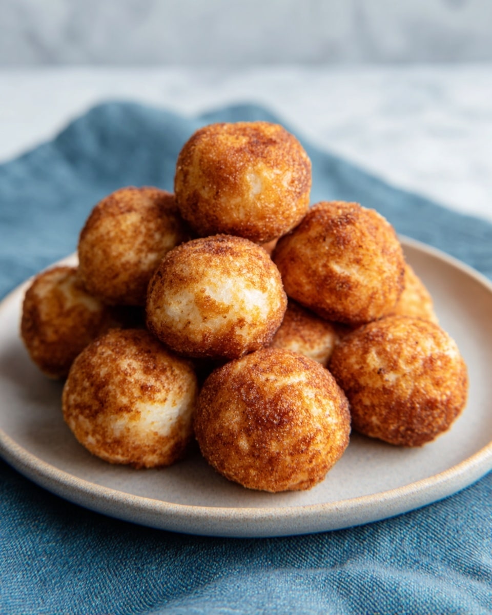 The image shows a plate with a stack of round, golden-brown fried balls. Each ball has a slightly rough texture with a crispy outer layer and looks evenly cooked with a warm brown color. The balls are piled in the center of a white plate, which sits on a soft blue cloth, all set on a white marbled surface. photo taken with an iphone --ar 4:5 --v 7