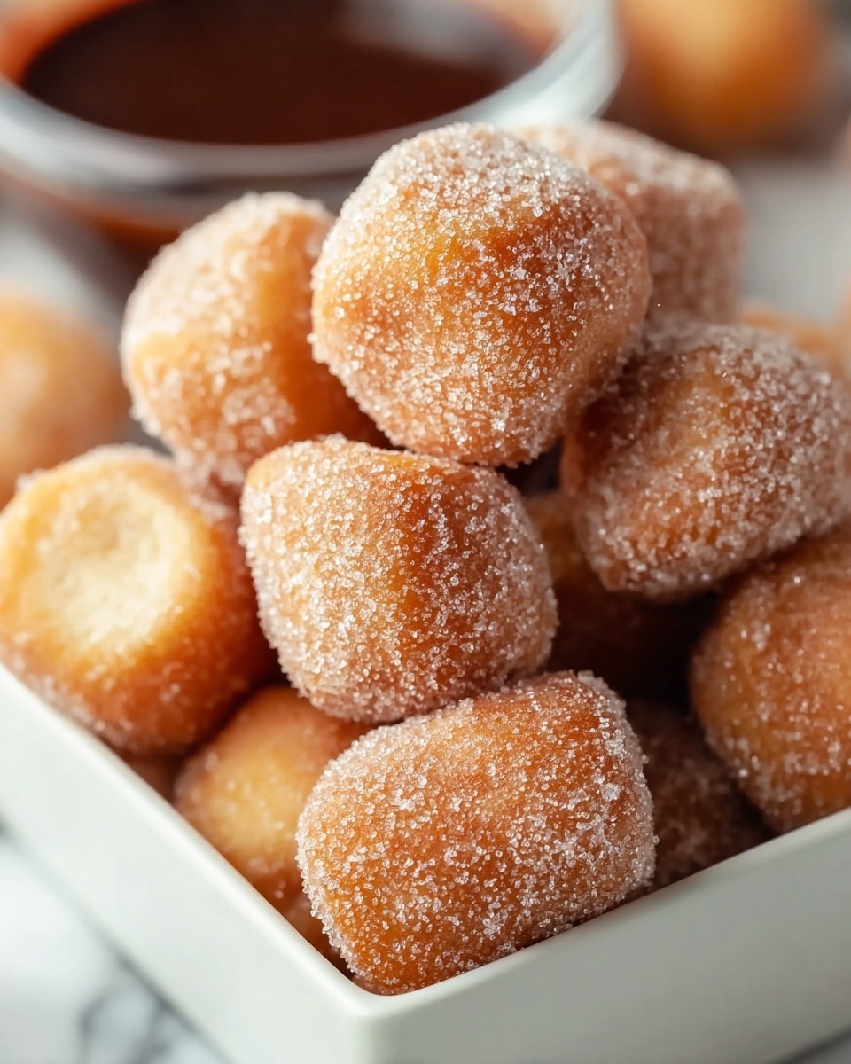 A close-up image shows a pile of small, golden brown doughnut holes covered in a layer of white granulated sugar. The doughnut holes have a slightly rough texture due to the sugar coating and look soft and fluffy inside. They are stacked inside a white square bowl with smooth edges. In the background, there is a small clear bowl filled with dark chocolate sauce, slightly out of focus, creating a warm and inviting atmosphere with a white marbled surface beneath. photo taken with an iphone --ar 4:5 --v 7