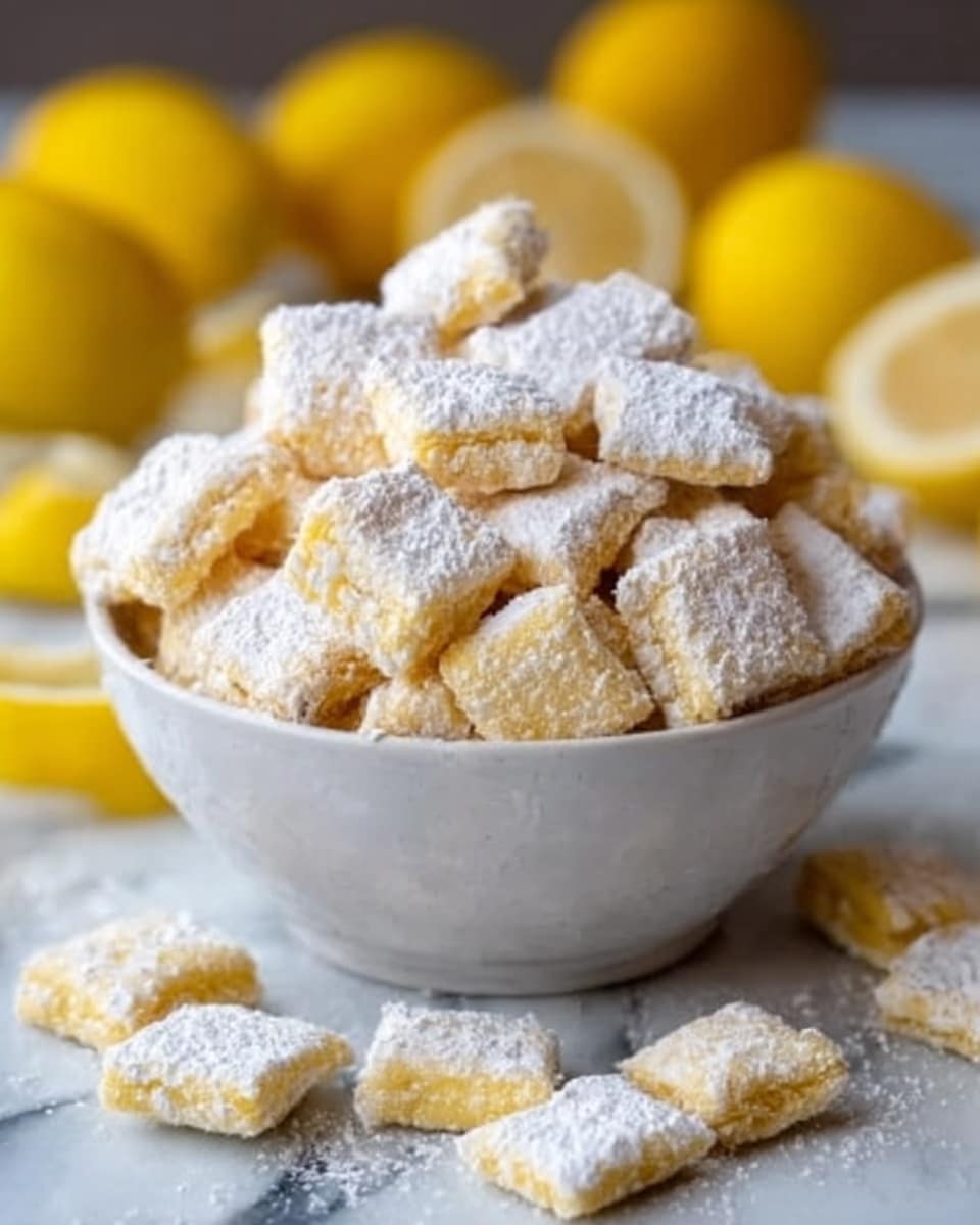 A white bowl filled with many small square pastries stacked high, each piece dusted with a generous layer of powdered sugar, giving them a soft, snowy look. The pastries are light golden yellow with a slightly crispy texture visible underneath the sugar. Several squares are scattered around the bowl on a white marbled surface. In the background, there are some blurred yellow lemons adding a bright color contrast. The photo taken with an iphone --ar 4:5 --v 7