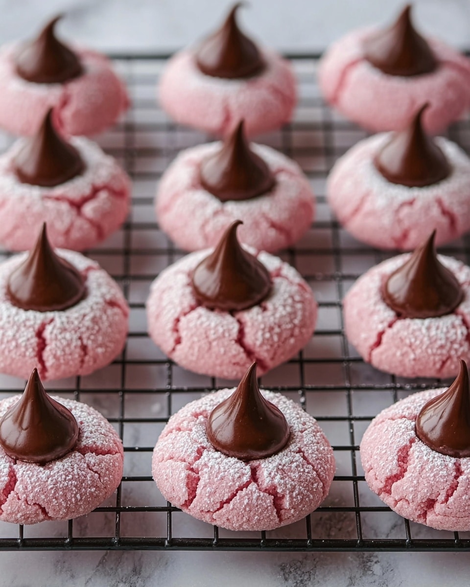 The image shows a grid of small, round pink cookies with cracks on the surface, evenly spaced on a black cooling rack. Each cookie has a dusting of white powdered sugar around the edge and a single, smooth, dark brown chocolate kiss placed in the center, standing tall with a rounded base and a pointy tip. The cookies are placed on a white marbled surface, and the overall look is neat and inviting with a soft texture contrast between the powdery pink cookies and glossy chocolate centers. photo taken with an iphone --ar 4:5 --v 7