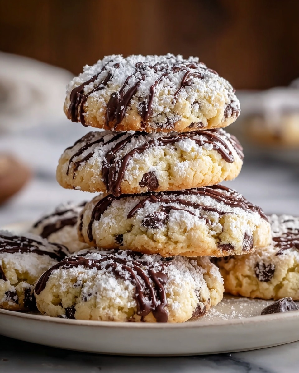 The image shows a close-up of a stack of five soft cookies topped with a drizzle of dark chocolate sauce and a layer of white powdered sugar covering the surface unevenly. The cookies are light golden with visible chocolate chips embedded throughout, and their texture looks crumbly but soft. They are all placed on a round white plate. The plate is resting on a white marbled textured surface in the background, which is softly blurred, focusing attention on the cookies. Photo taken with an iphone --ar 4:5 --v 7