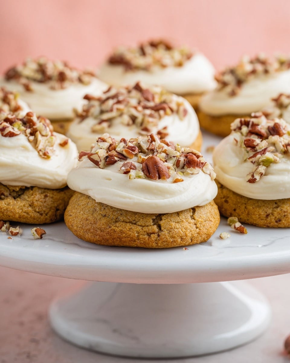 The image shows soft cookies arranged on a white cake stand, each cookie with two layers: the base layer is a thick, light brown cookie with a textured surface, and the top layer is a smooth dollop of creamy white frosting, spread evenly in a round shape. The frosting on each cookie is topped with chopped pecans, scattered generously, adding a rough texture and dark brown color spots. The cake stand itself is glossy and white, placed on a white marbled surface with a soft pink background. The cookies are closely arranged, filling the stand almost completely, showing multiple layers of cookie, frosting, and nuts. Photo taken with an iphone --ar 4:5 --v 7