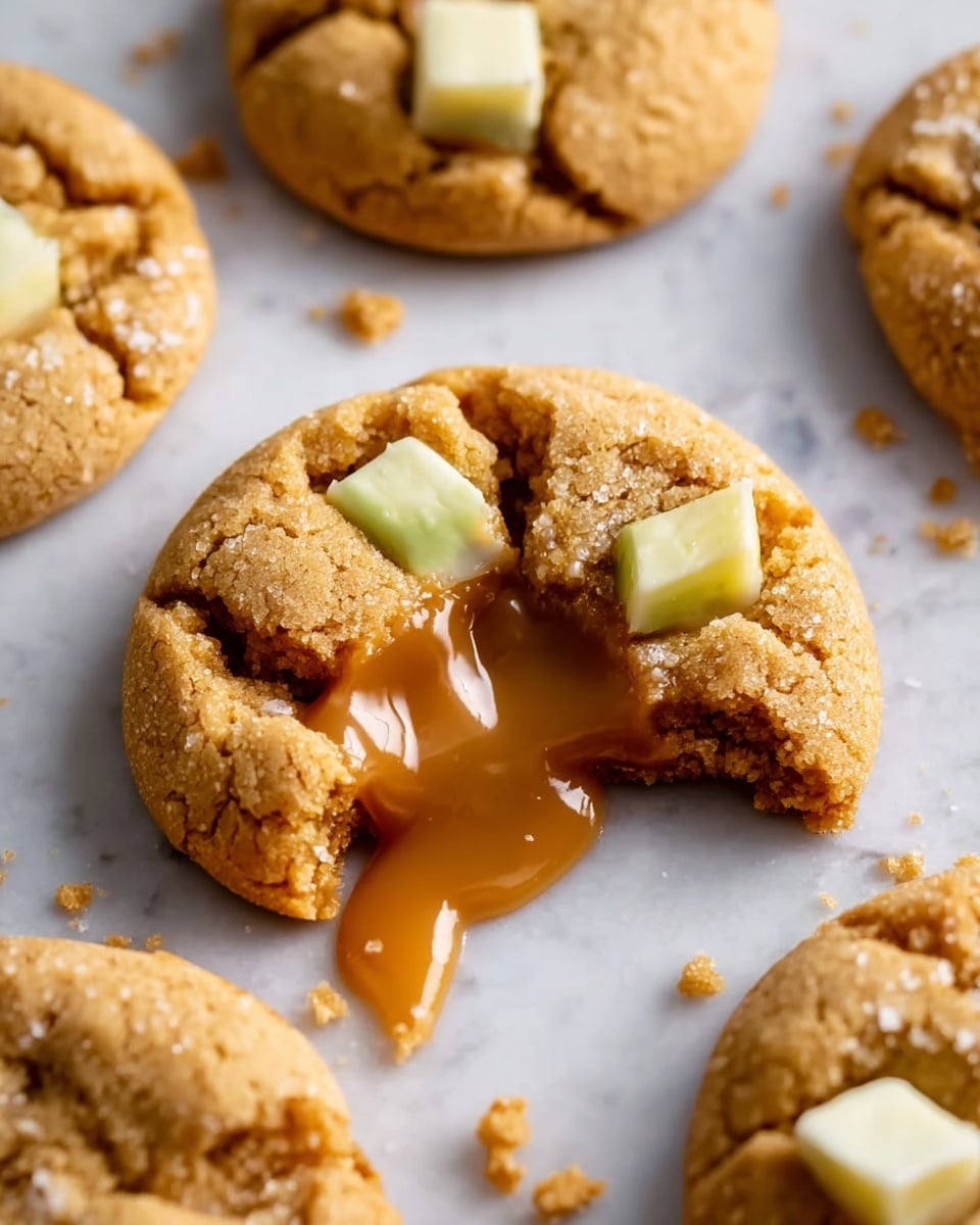 The image shows a close-up of a cracked open soft cookie with a golden brown color and a slightly crumbly texture. Inside the cookie, a thick, smooth caramel center stretches between the two halves, creating a glossy, rich filling. There are small chunks of butter on top, adding contrast with their pale yellow color and creamy texture. The cookie rests on a white marbled surface with other whole cookies partially visible around it, showing similar colors and textures. photo taken with an iphone --ar 4:5 --v 7