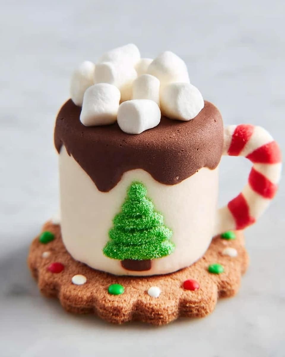 The image shows a festive treat designed like a tiny mug. The base layer is a round, light brown cookie shaped with scalloped edges and decorated with small red, white, and green candy dots placed evenly around. Sitting on top of the cookie is a large, white marshmallow shaped like a mug body, featuring a small green Christmas tree decoration in the center. The mug's handle is made from a red-and-white striped candy cane, attached to the right side of the marshmallow mug. On top of the marshmallow is a thick round layer of dark brown chocolate, topped with several mini white marshmallows scattered on it. The whole arrangement is set against a white marbled surface. photo taken with an iphone --ar 4:5 --v 7