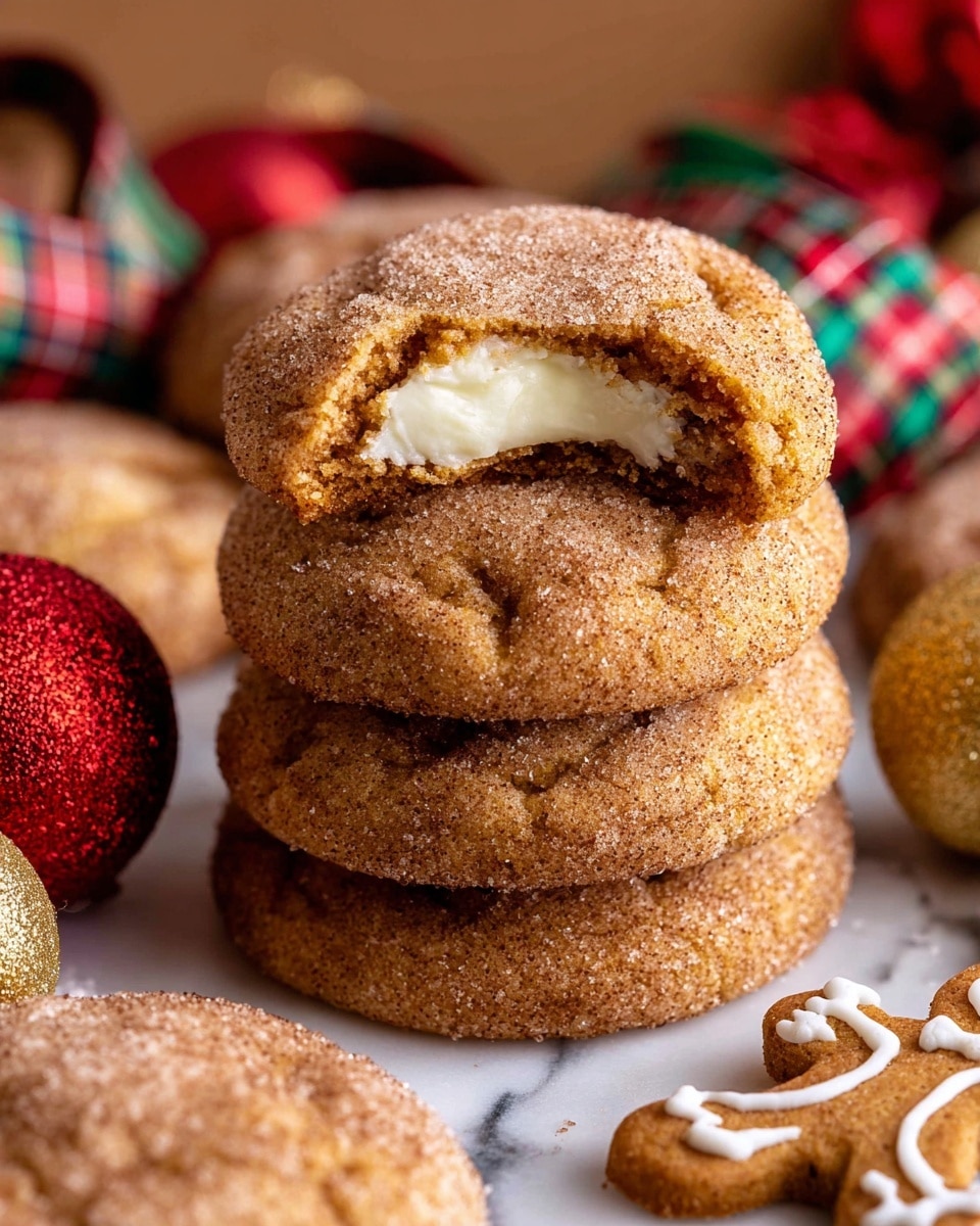 A stack of five soft, brown cookies coated with a fine layer of sugar and cinnamon granules, each cookie showing a slightly cracked surface with visible texture. The top cookie has a bite taken out of it, revealing a creamy, white filling inside, contrasting with the warm brown of the cookie. Around the stack, there are more of the same cookies scattered, and some are decorated with tiny white icing details. The background shows red, gold, and green Christmas ornaments and plaid ribbon, all set on a white marbled texture. photo taken with an iphone --ar 4:5 --v 7