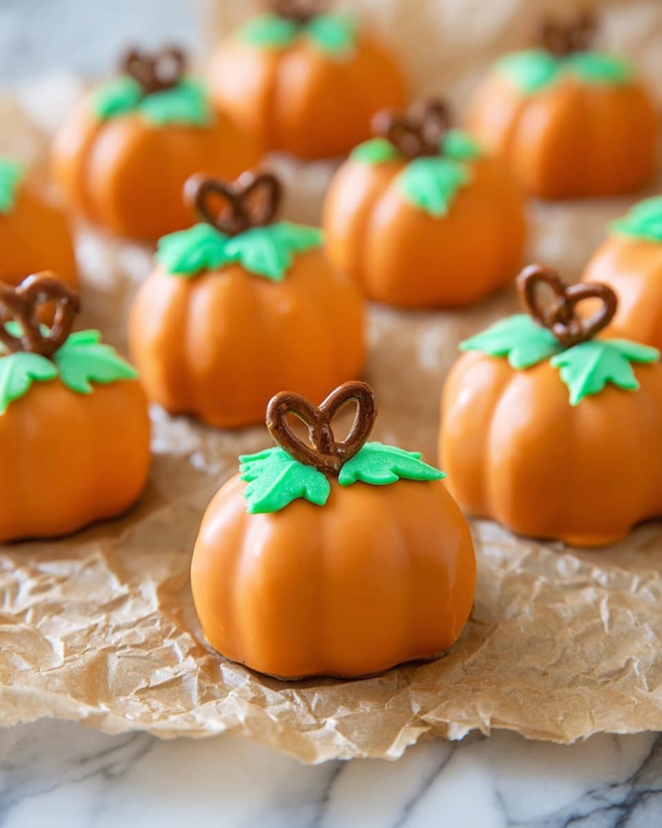The image shows small pumpkin-shaped treats, each with a smooth, shiny orange layer covering the entire body, giving them a round and plump look. At the top of each treat, there is a small, twisted brown pretzel piece that forms the pumpkin stem. Next to the stem, a bright green leaf made of frosting or icing adds a pop of color and detail. These treats are placed on crinkled parchment paper, set on a white marbled textured surface, with multiple similar treats blurred in the background, creating a cozy and festive look. Photo taken with an iphone --ar 4:5 --v 7