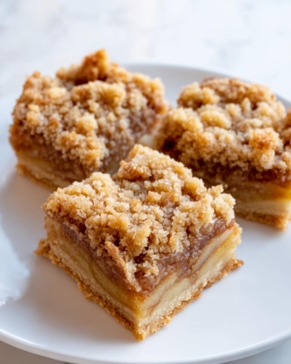 Three square pieces of apple crumble bars are placed close together on a white plate, each bar showing three clear layers: a light golden brown crust at the bottom, a thick middle layer of thinly sliced apple filling with a slightly glossy texture, and a crumbly, uneven golden brown topping with small chunks and a rough texture. The background is a white marbled texture. Photo taken with an iphone --ar 4:5 --v 7