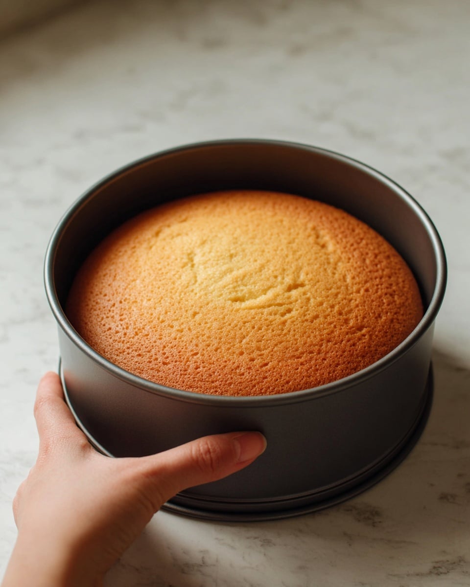 A single-layer round cake with a smooth, golden brown top is inside a dark gray baking pan. The cake is evenly risen, showing a soft and slightly spongy texture. The pan is placed on a white marbled surface, and a woman's hand gently holds the side of the pan, with natural light softly illuminating the scene. photo taken with an iphone --ar 4:5 --v 7