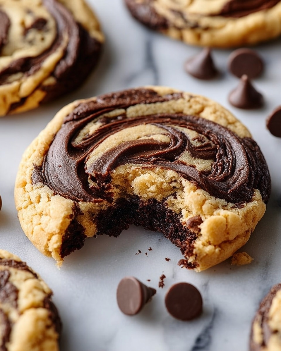 The image shows a close-up of a cookie with two layers: the bottom part is dark brown and looks soft and moist, while the top layer has a golden brown dough swirled with dark chocolate in thick, smooth curves. The cookie has some crumbs around it, with one bite taken from the edge, revealing the soft inside. A few shiny dark chocolate chips are scattered nearby on a white marbled surface. In the background, more similar cookies can be seen slightly out of focus. photo taken with an iphone --ar 4:5 --v 7