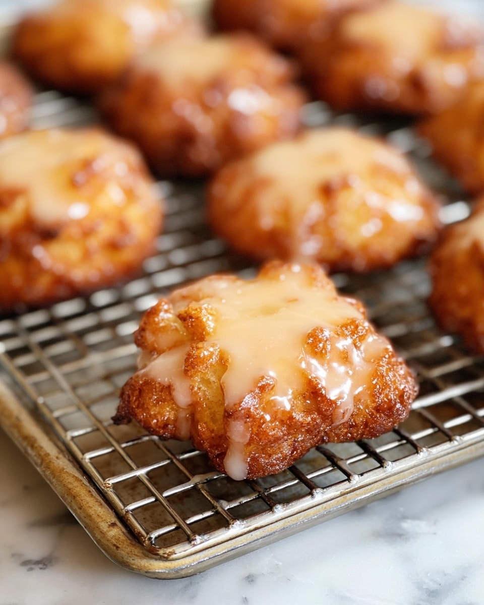 The image shows several small fried cakes placed on a metal cooling rack over a baking sheet. Each cake has a golden-brown, crispy texture with uneven, craggy edges. They are topped with a smooth, light beige glaze that drips slightly over the sides, giving a shiny appearance. The cakes are arranged close together, with the front one in clear focus while the others blur softly in the background. The tray rests on a white marbled surface. photo taken with an iphone --ar 4:5 --v 7